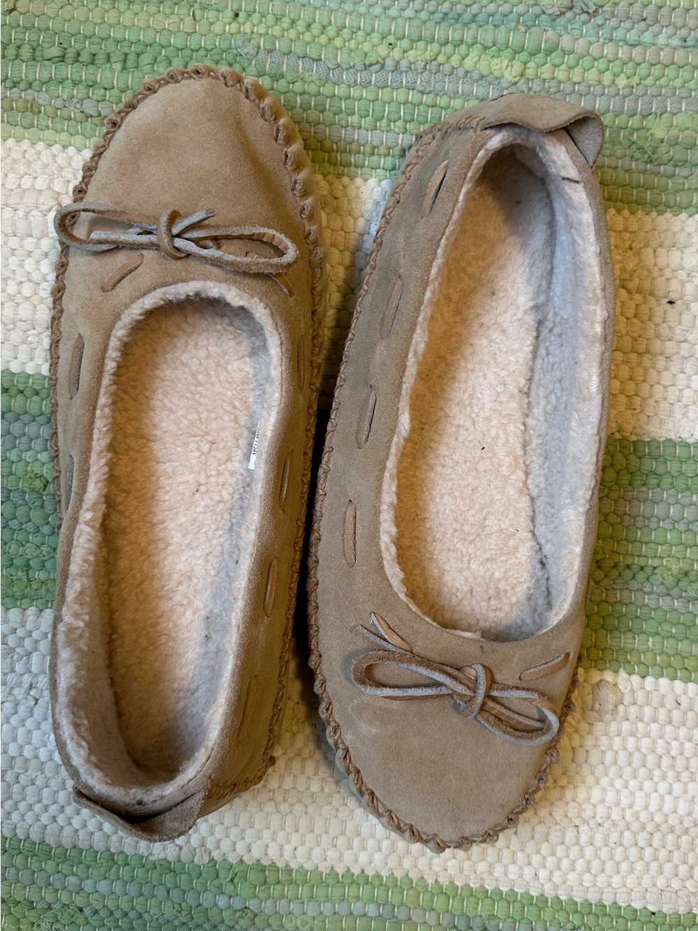 L.L. Bean Women's Moccasin Slippers in Taupe Suede